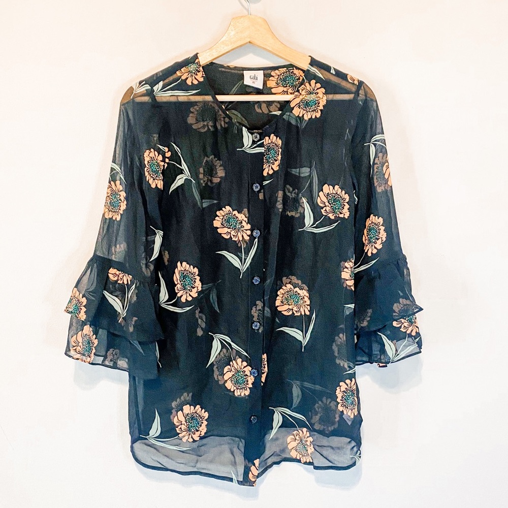 CAbi La Di Da Sheer Floral Button Front Ruffle Sleeve Blouse Size XS